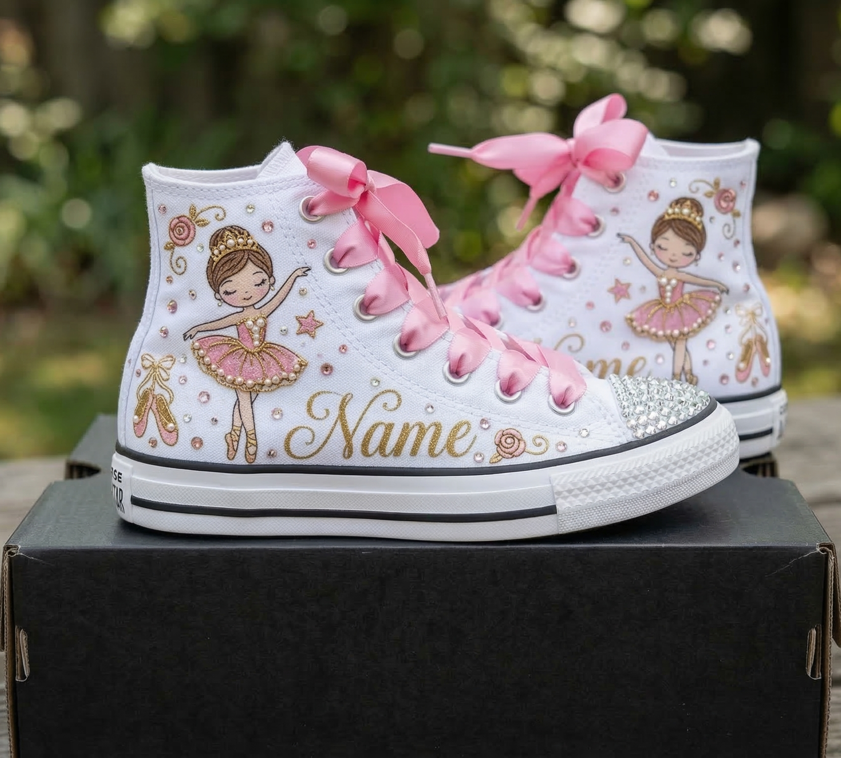 Custom Cute Ballerina High-Top Sneakers Shoes Personalized with Name, Ribbon Laces & Rhinestones Birthday Parties Everyday Gift