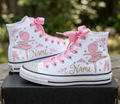 Custom Pink Ballerina High-Top Sneakers Shoes Personalized with Name, Ribbon Laces & Rhinestones Birthday Parties Everyday Gift