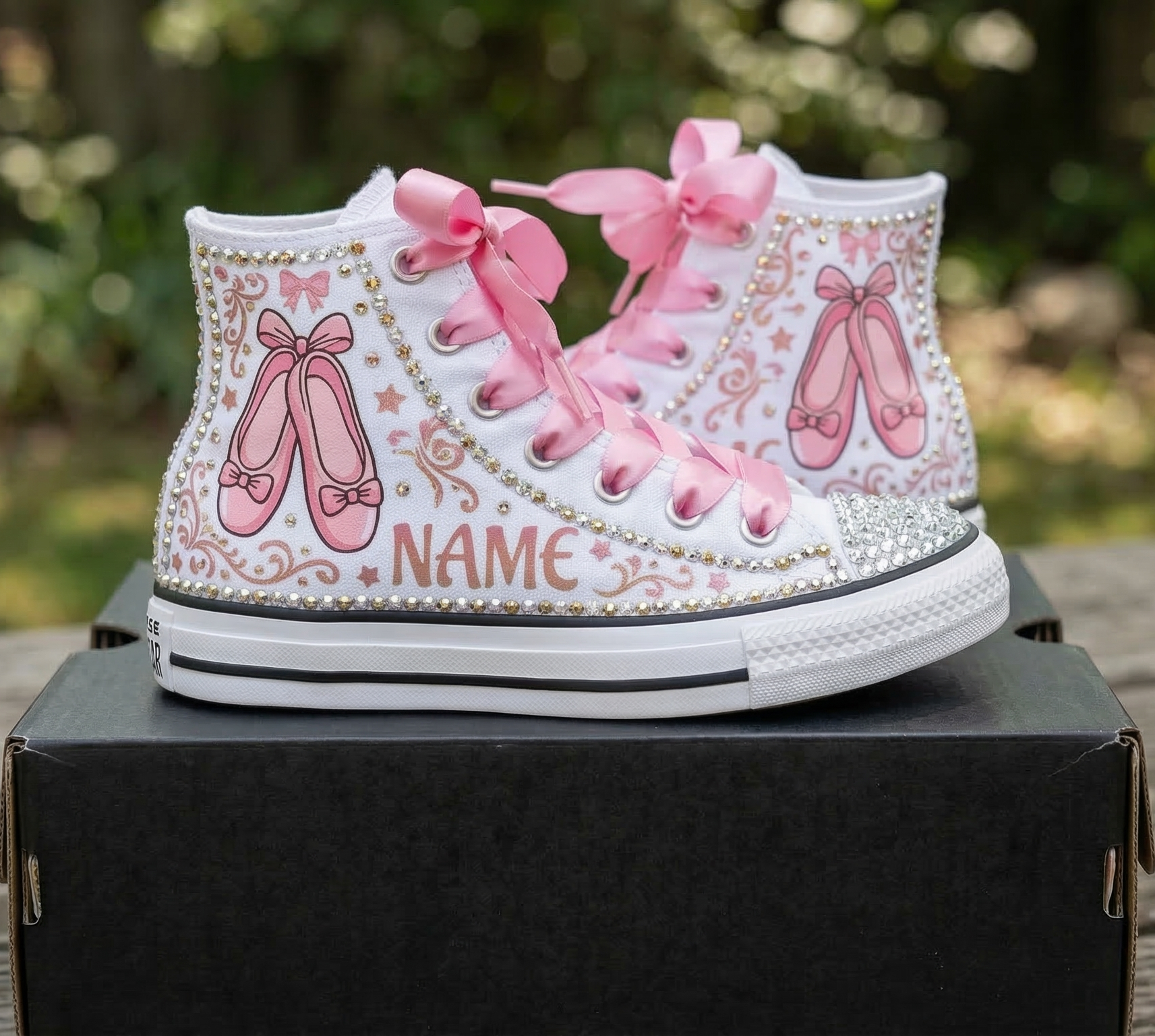 Custom Ballerina Slippers High-Top Sneakers Shoes Personalized with Name, Ribbon Laces & Rhinestones Birthday Parties Everyday Gift