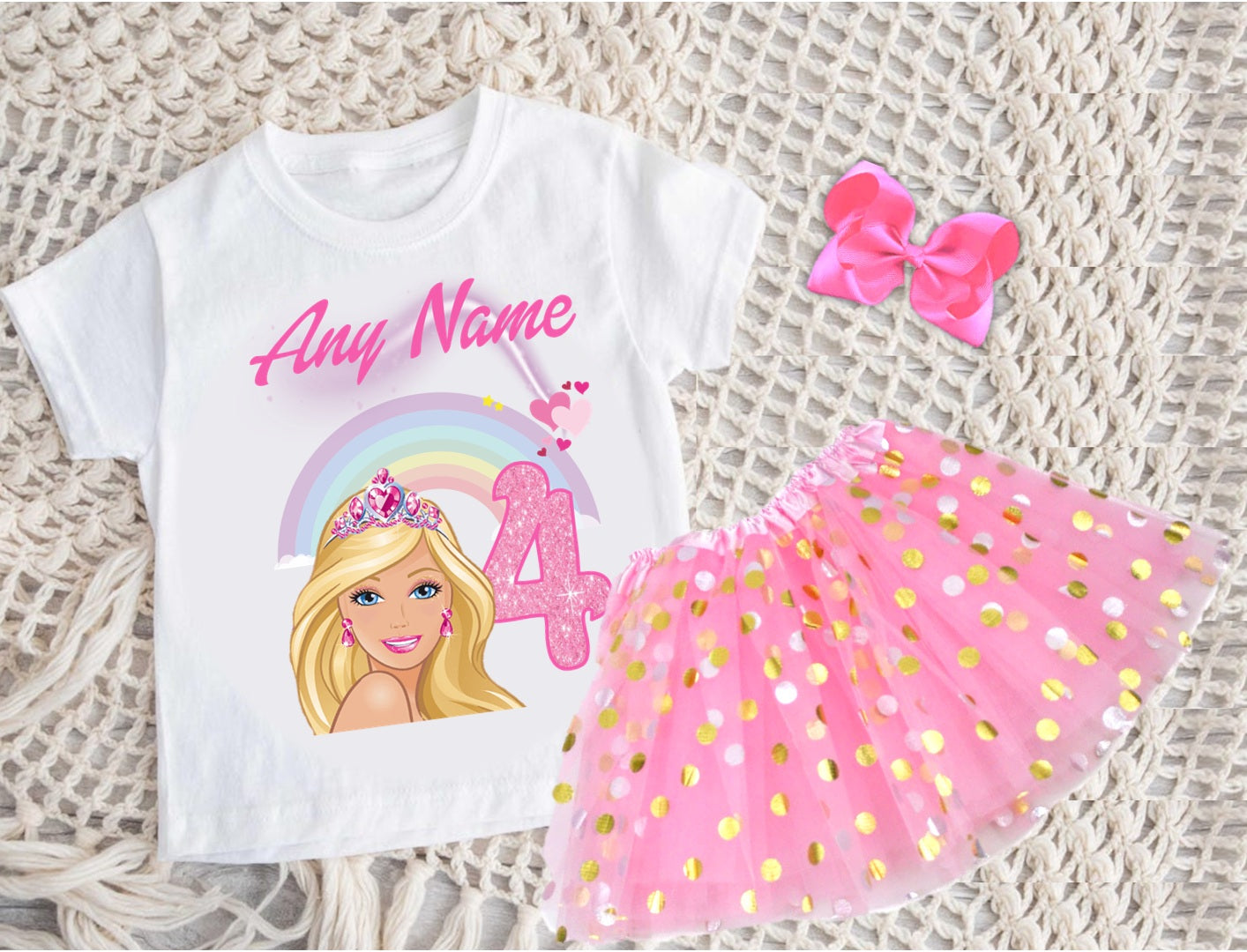 Barbie Face Blonde Girl Tutu Set Girls Personalized Custom Pink Gold Polka Dots Tutu Outfit Dress Theme Cake Smash Birthday Party