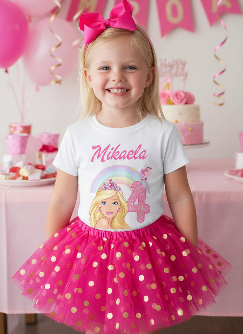 Barbie Face Blonde Girl Tutu Set Girls Personalized Custom Hot Pink Gold Polka Dots Tutu Outfit Dress Theme Cake Smash Birthday Party