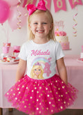 Barbie Face Blonde Girl Tutu Set Girls Personalized Custom Hot Pink Gold Polka Dots Tutu Outfit Dress Theme Cake Smash Birthday Party