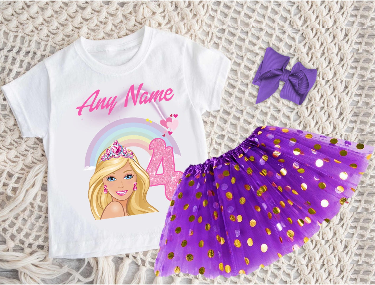 Barbie Face Blonde Girl Tutu Set Girls Personalized Custom Purple Gold Polka Dots Tutu Outfit Dress Theme Cake Smash Birthday Party