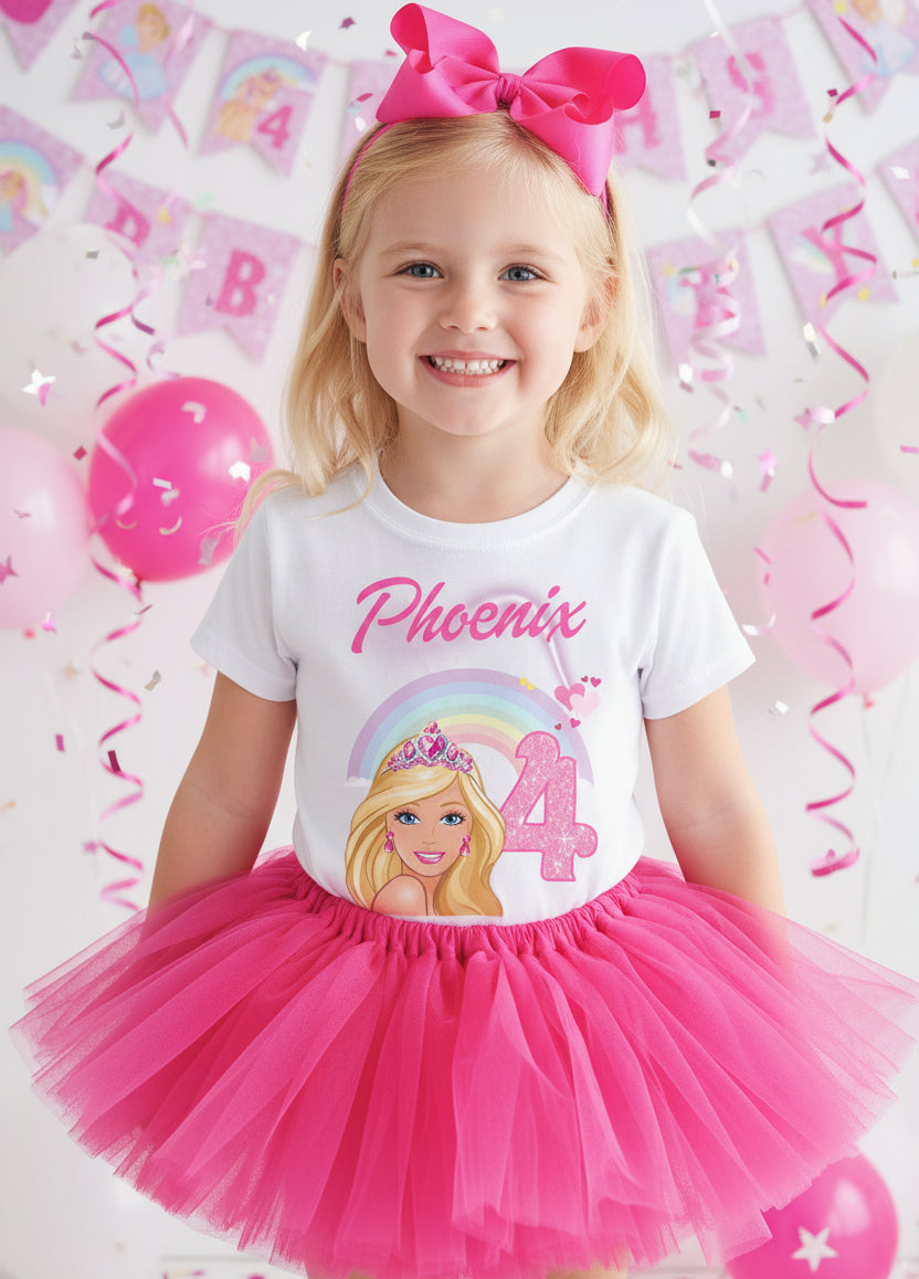 Barbie Face Blonde Girl Tutu Set Girls Personalized Custom Hot Pink 3 Layer Tutu Outfit Dress Theme Cake Smash Birthday Party