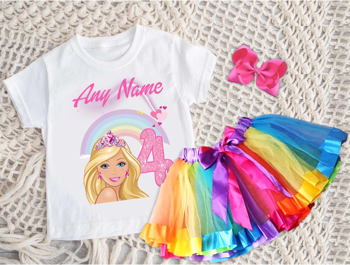 Barbie Face Blonde Girl Tutu Set Girls Personalized Custom Rainbow Ribbon Tutu Outfit Dress Theme Cake Smash Birthday Party