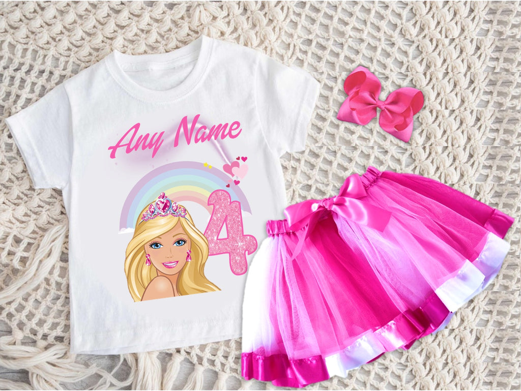 Barbie Face Blonde Girl Tutu Set Girls Personalized Custom Hot Pink White Pink Ribbon Tutu Outfit Dress Theme Cake Smash Birthday Party