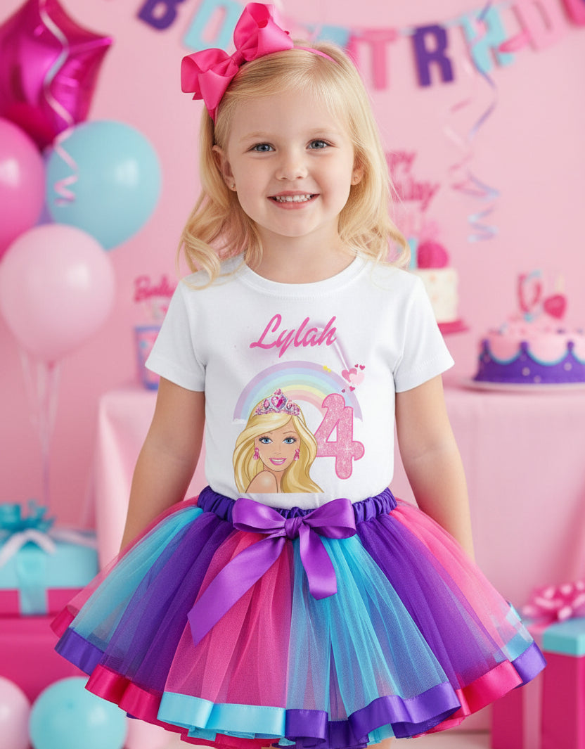 Barbie Face Blonde Girl Tutu Set Girls Personalized Custom Hot Pink Blue Purple Ribbon Tutu Outfit Dress Theme Cake Smash Birthday Party
