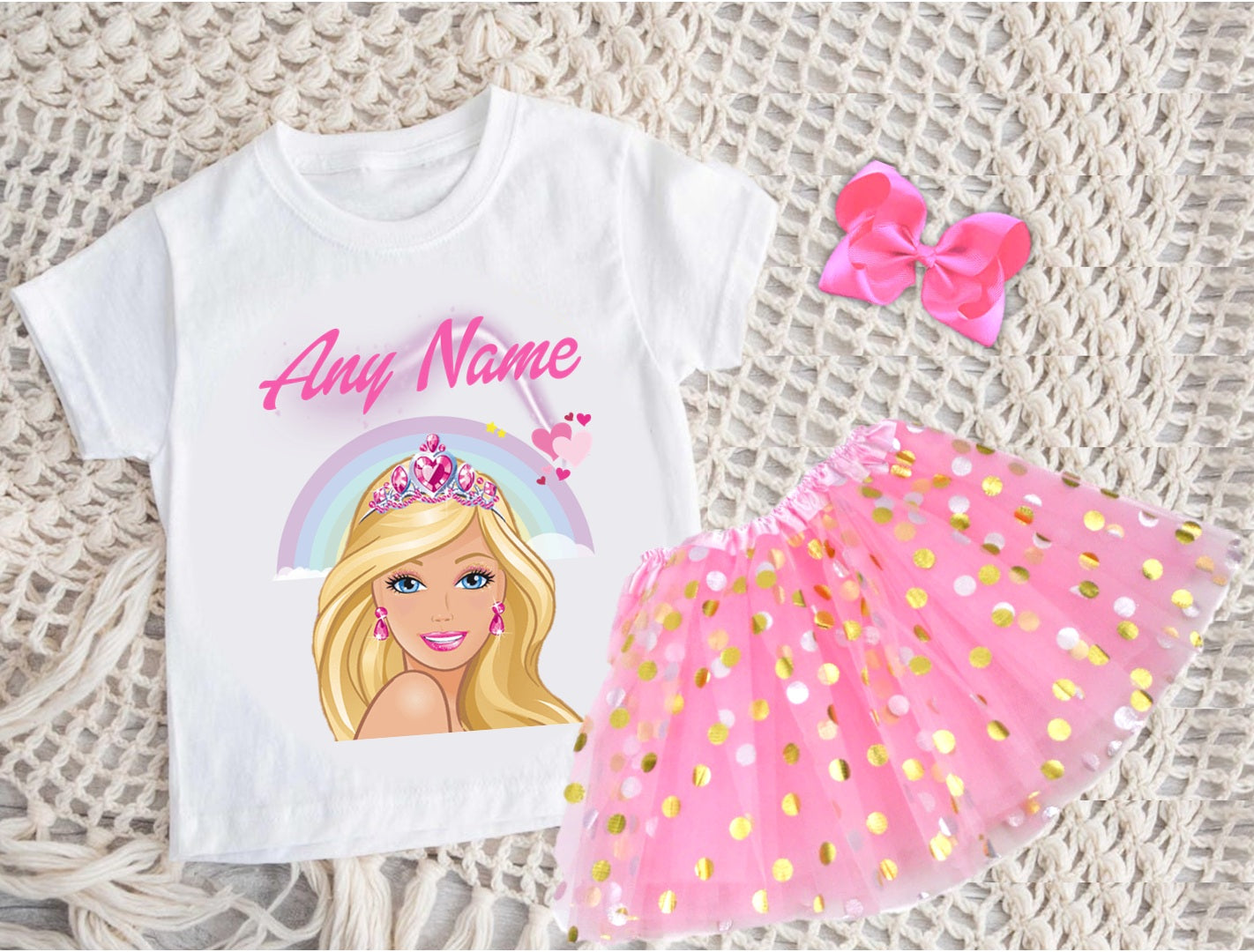 Barbie Face Blonde Girl Tutu Set Girls Personalized Custom Pink Gold Polka Dots Tutu Outfit Dress Theme Cake Smash Party