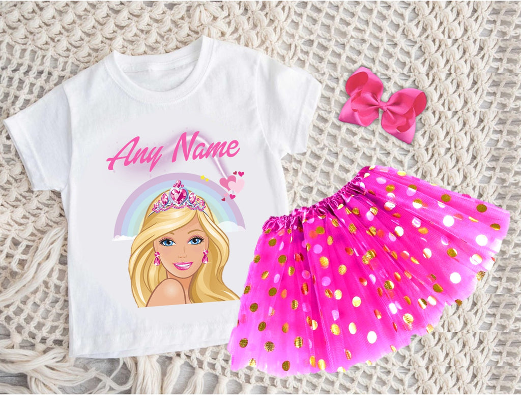 Barbie Face Blonde Girl Tutu Set Girls Personalized Custom Hot Pink Gold Polka Dots Tutu Outfit Dress Theme Cake Smash Party
