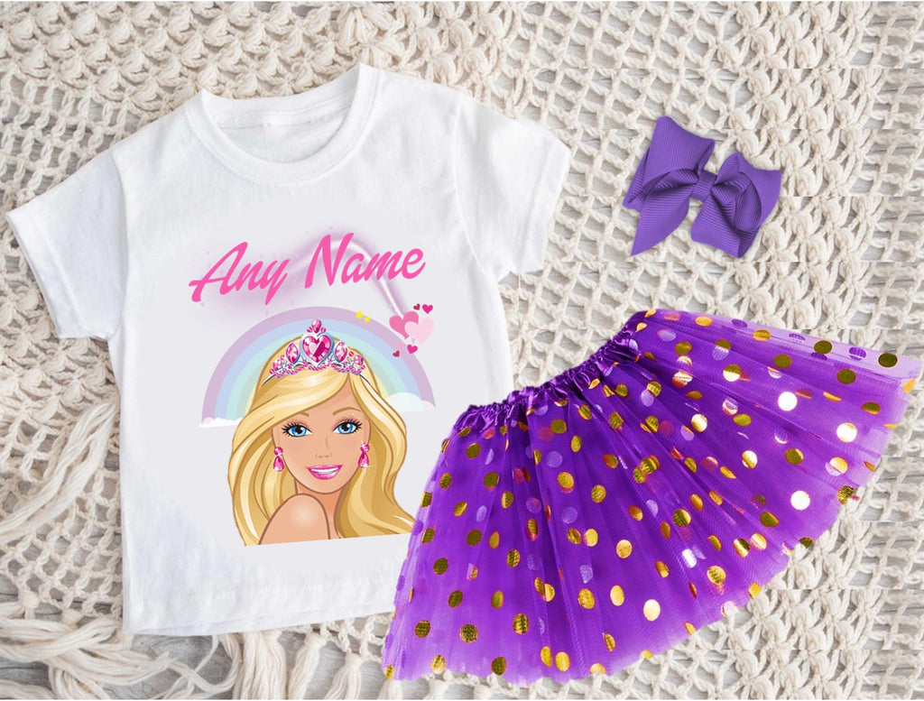 Barbie Face Blonde Girl Tutu Set Girls Personalized Custom Purple Gold Polka Dots Tutu Outfit Dress Theme Cake Smash Party