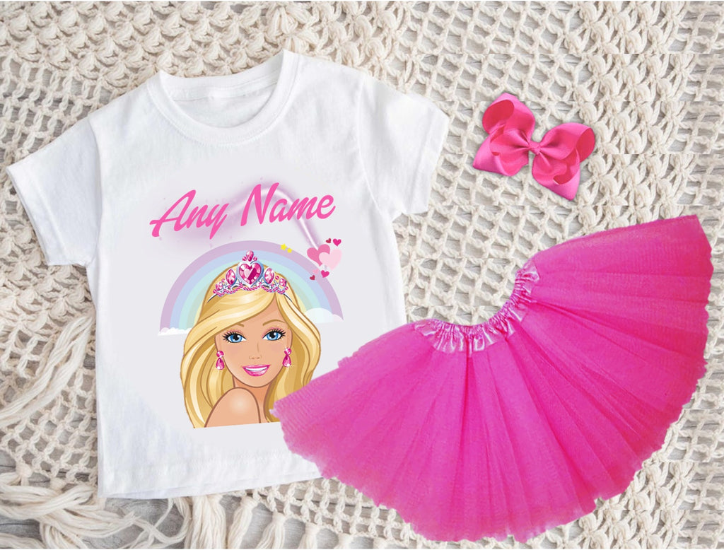 Barbie Face Blonde Girl Tutu Set Girls Personalized Custom Hot Pink 3 Layer Tutu Outfit Dress Theme Cake Smash Party