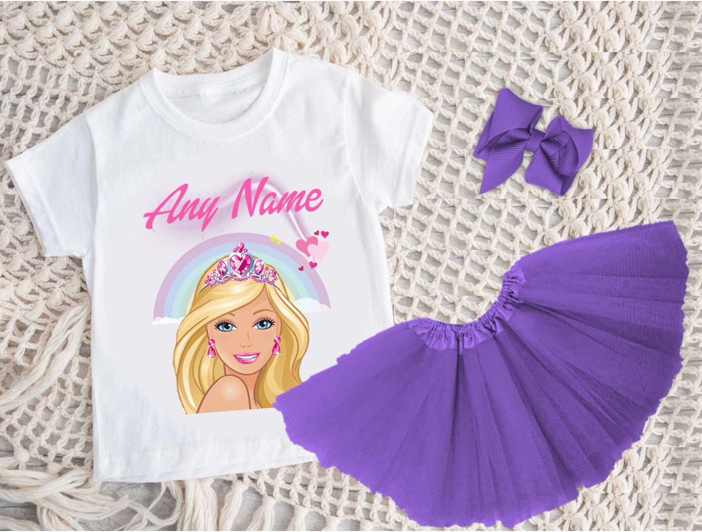 Barbie Face Blonde Girl Tutu Set Girls Personalized Custom Purple 3 Layer Tutu Outfit Dress Theme Cake Smash Birthday Party