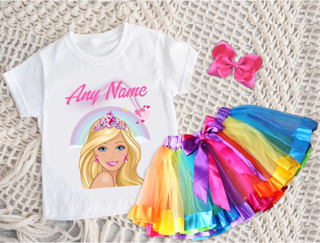 Barbie Face Blonde Girl Tutu Set Girls Personalized Custom Rainbow Ribbon Tutu Outfit Dress Theme Cake Smash Party