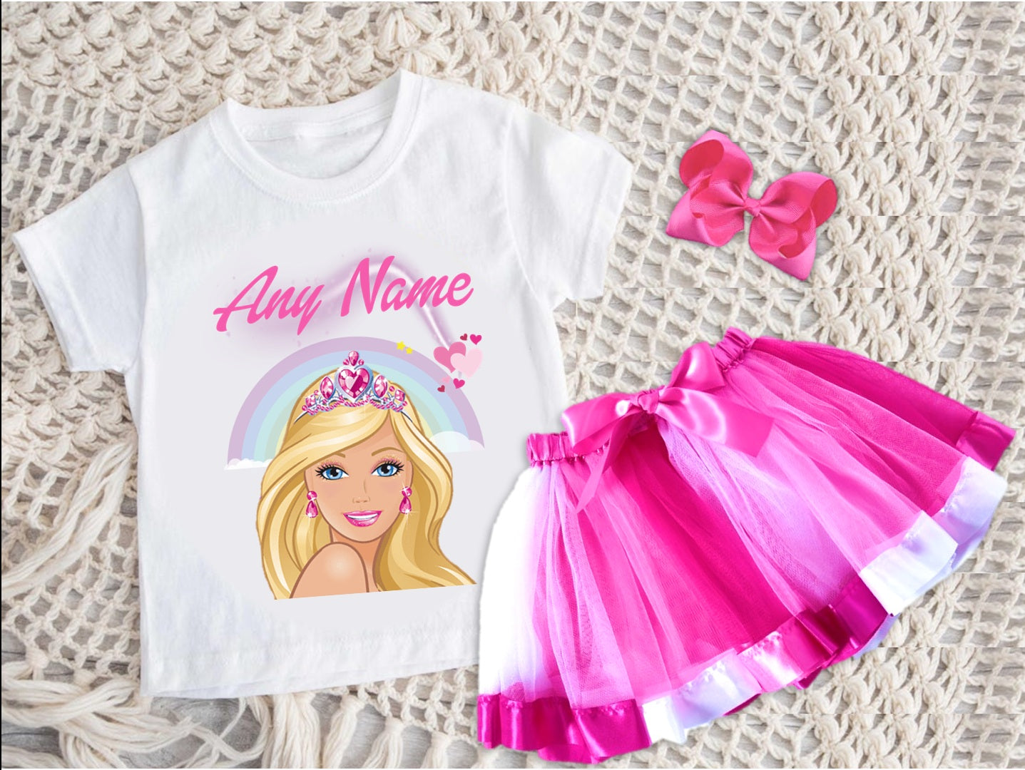 Barbie Face Blonde Girl Tutu Set Girls Personalized Custom Hot Pink White Pink Ribbon Tutu Outfit Dress Theme Cake Smash Party