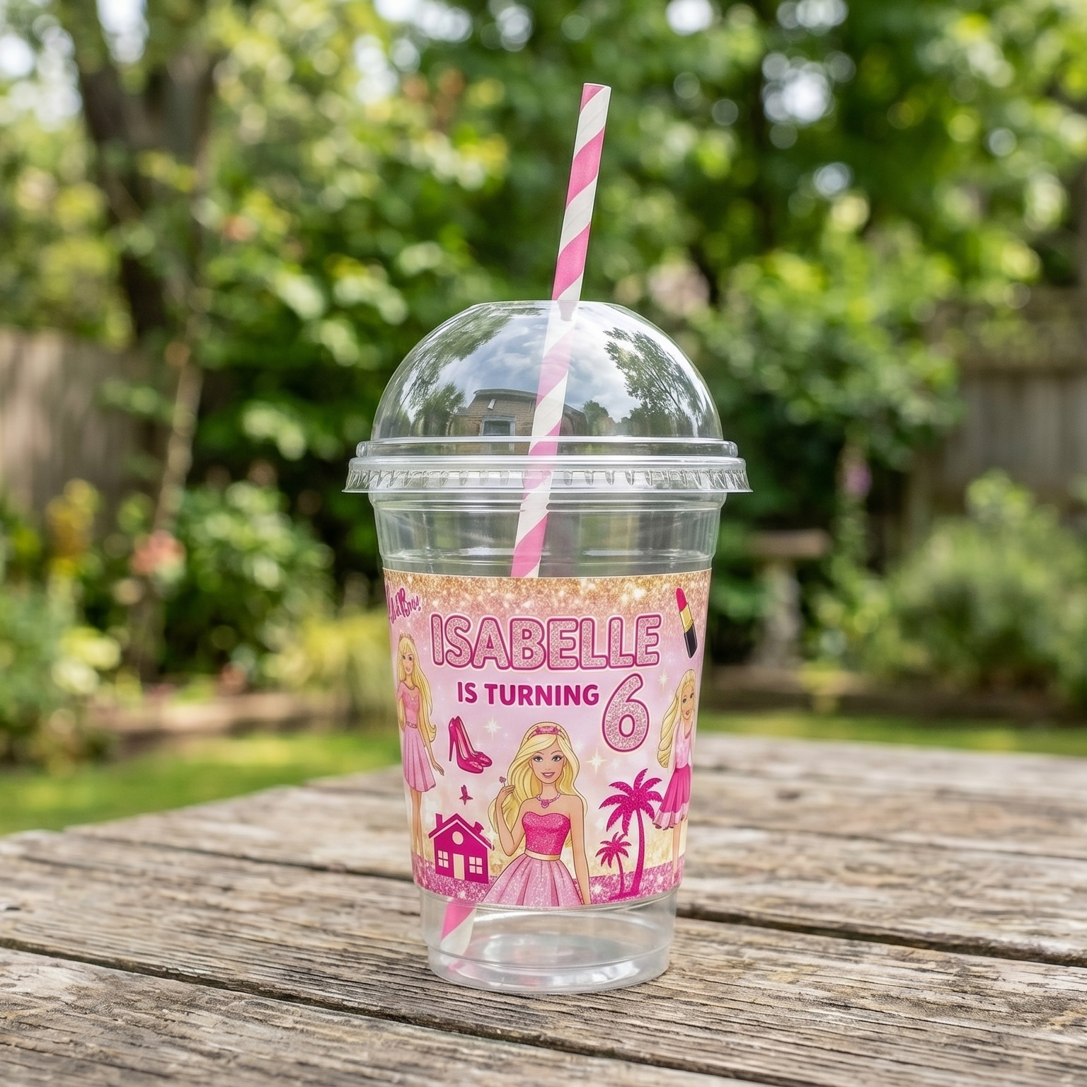 (Pack of 6) Blonde Barbie Girl Doll Custom Personalized Birthday Party 16 oz Cups with Dome Lids & Straws