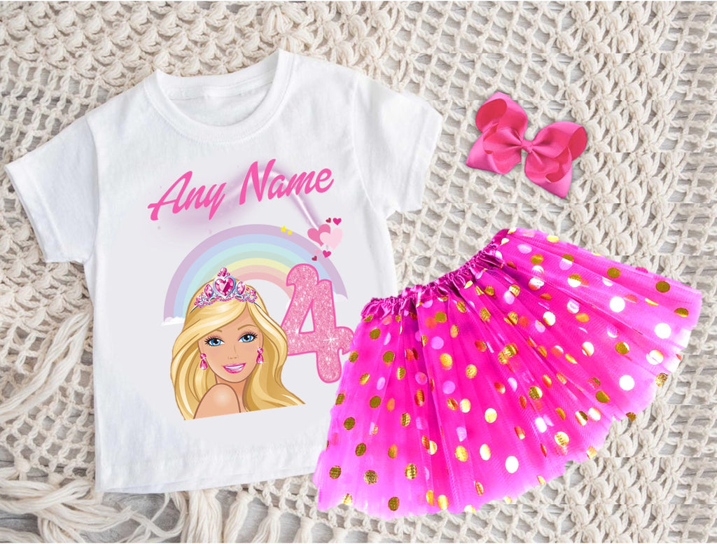 Barbie Face Blonde Girl Tutu Set Girls Personalized Custom Hot Pink Gold Polka Dots Tutu Outfit Dress Theme Cake Smash Birthday Party