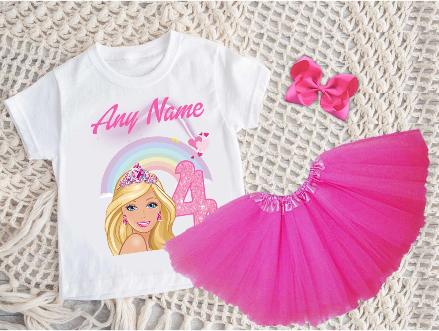 Barbie Face Blonde Girl Tutu Set Girls Personalized Custom Hot Pink 3 Layer Tutu Outfit Dress Theme Cake Smash Birthday Party