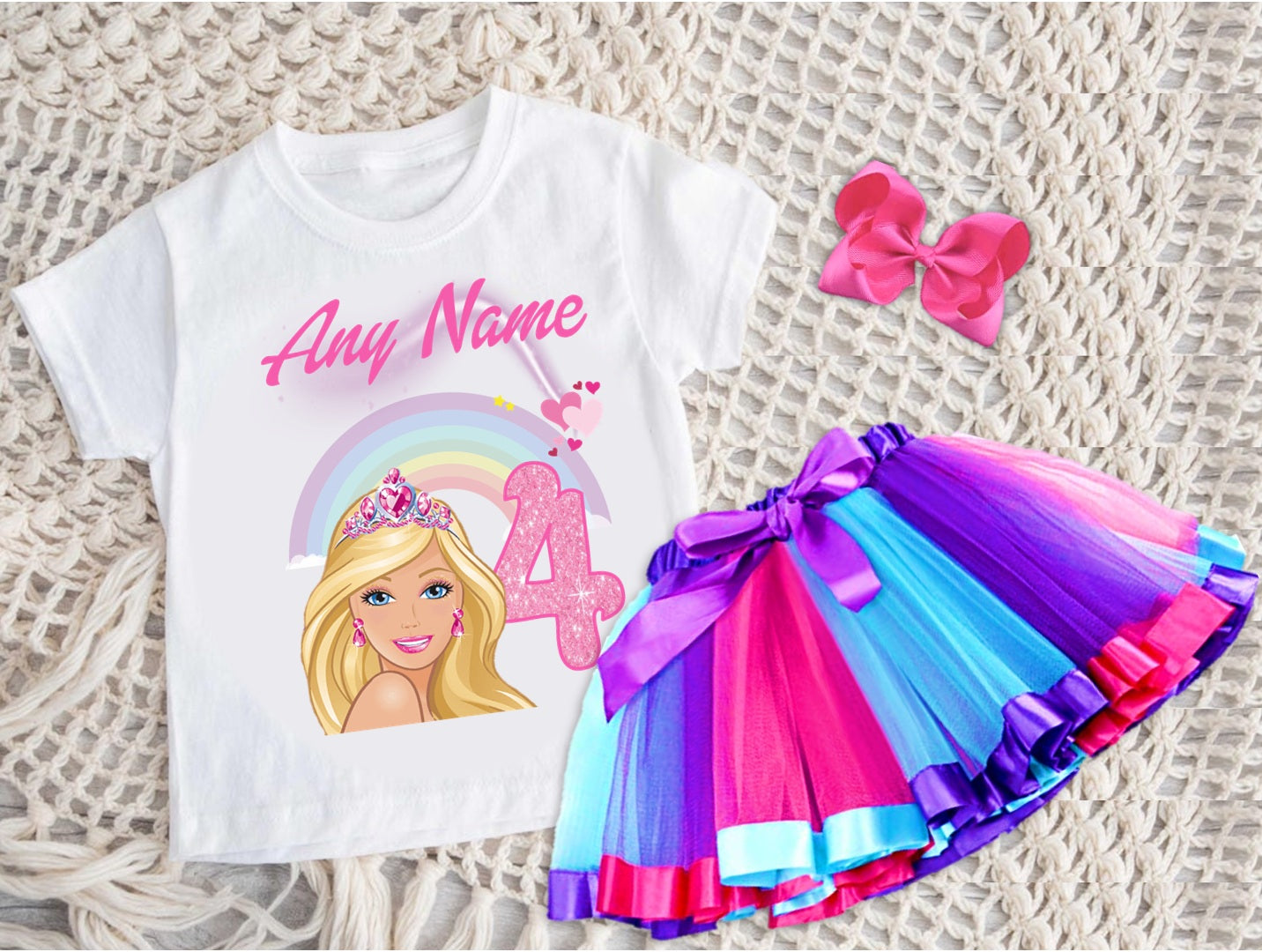 Barbie Face Blonde Girl Tutu Set Girls Personalized Custom Hot Pink Blue Purple Ribbon Tutu Outfit Dress Theme Cake Smash Birthday Party