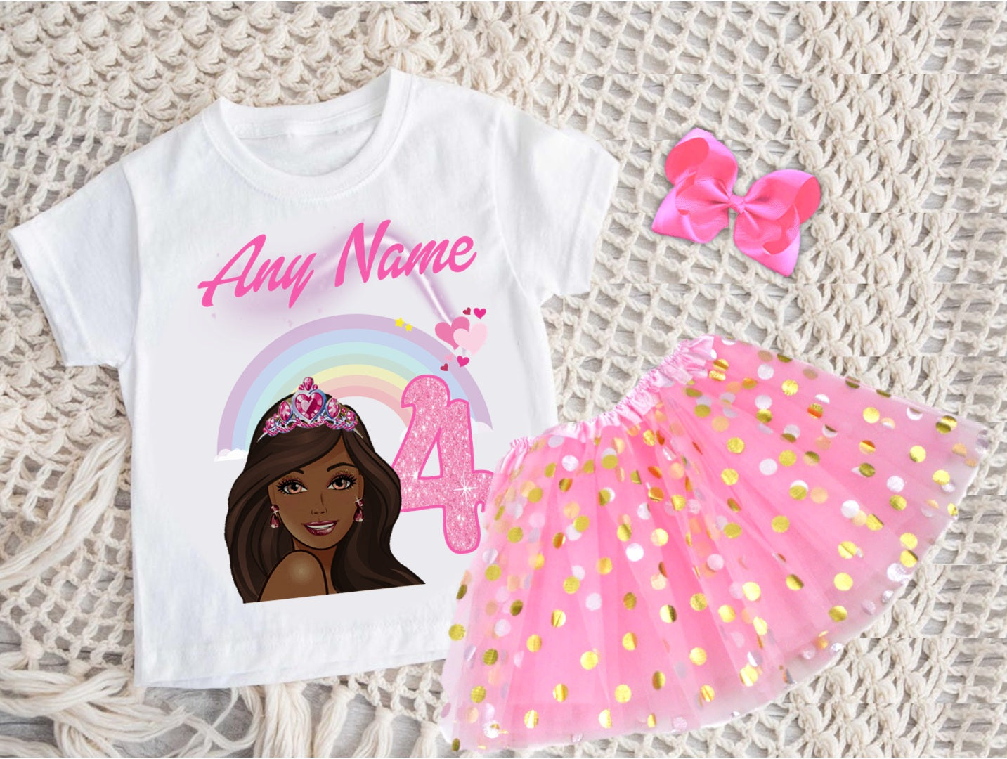 Barbie Face Black Girl Tutu Set Girls Personalized Custom Pink Gold Polka Dots Tutu Outfit Dress Theme Cake Smash Birthday Party
