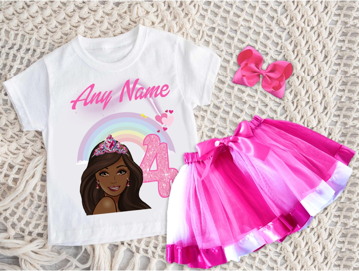 Barbie Face Black Girl Tutu Set Girls Personalized Custom Hot Pink White Pink Ribbon Tutu Outfit Dress Theme Cake Smash Birthday Party
