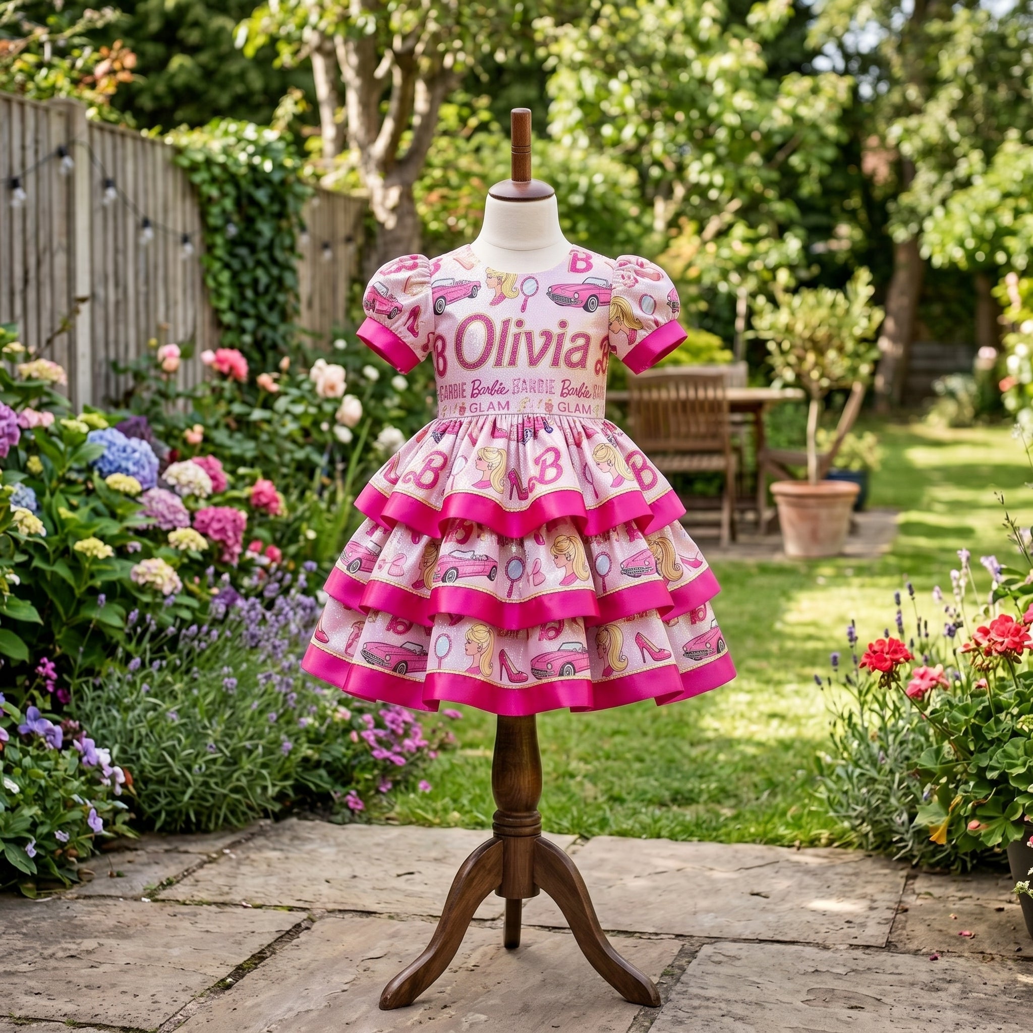 Blonde Barbie Girl Doll Girls Personalized Custom Tiered Ruffle Dress Ribbon Trim Theme Cake Smash Birthday Party