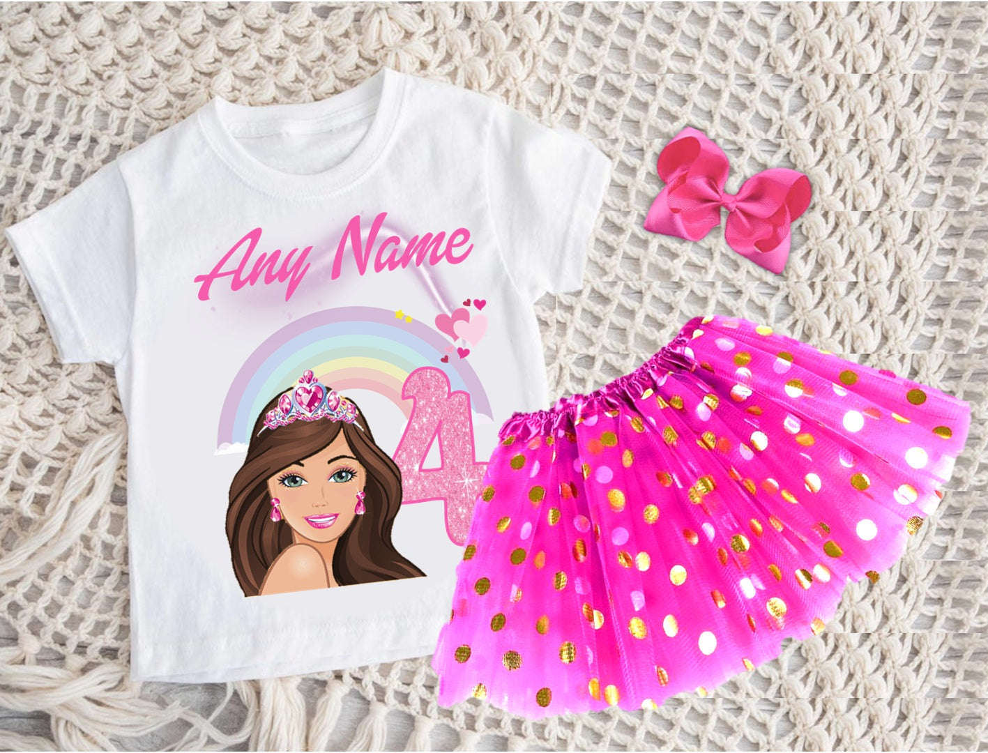 Barbie Face Brunette Girl Tutu Set Girls Personalized Custom Hot Pink Gold Polka Dots Tutu Outfit Dress Theme Cake Smash Birthday Party