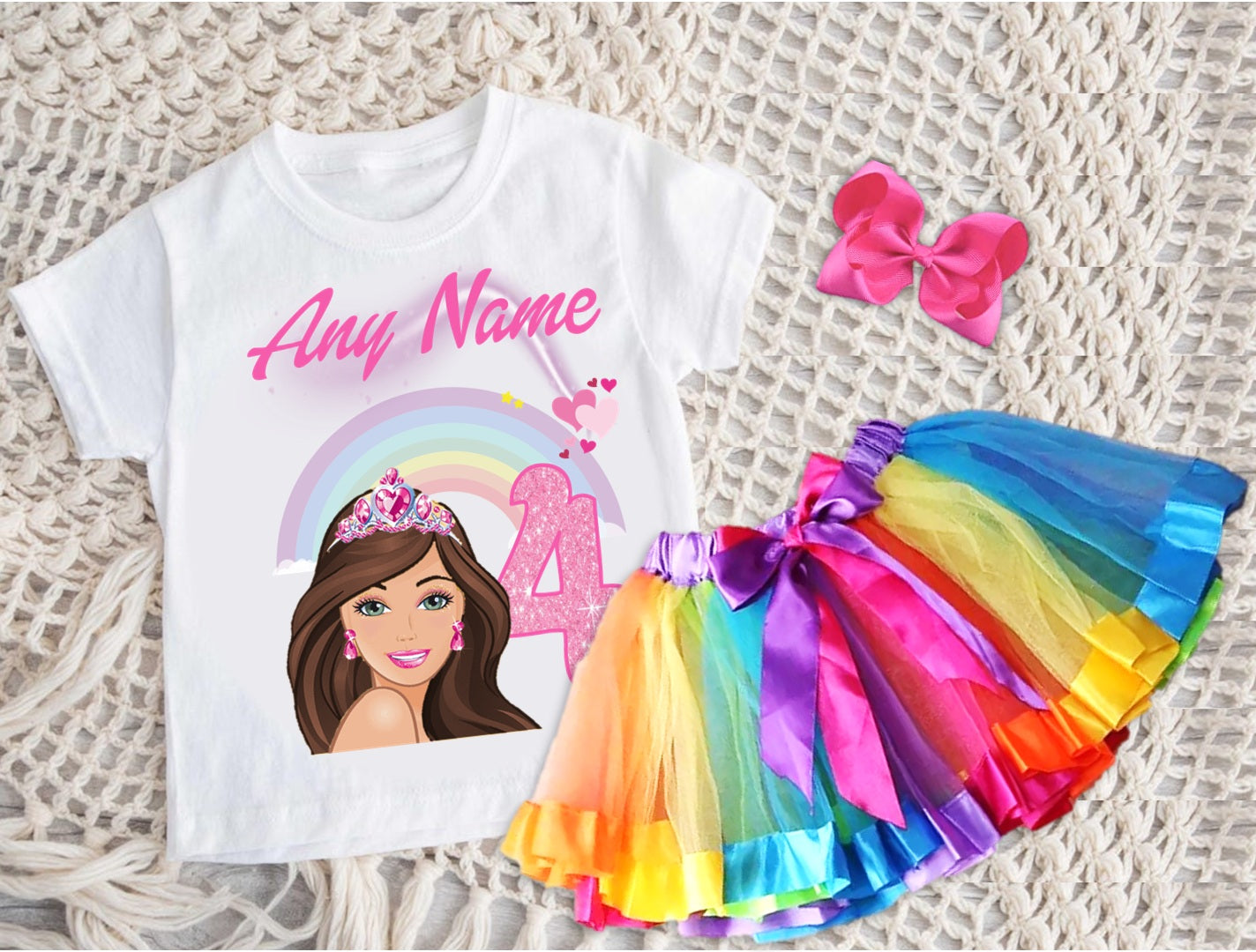 Barbie Face Brunette Girl Tutu Set Girls Personalized Custom Rainbow Ribbon Tutu Outfit Dress Theme Cake Smash Birthday Party