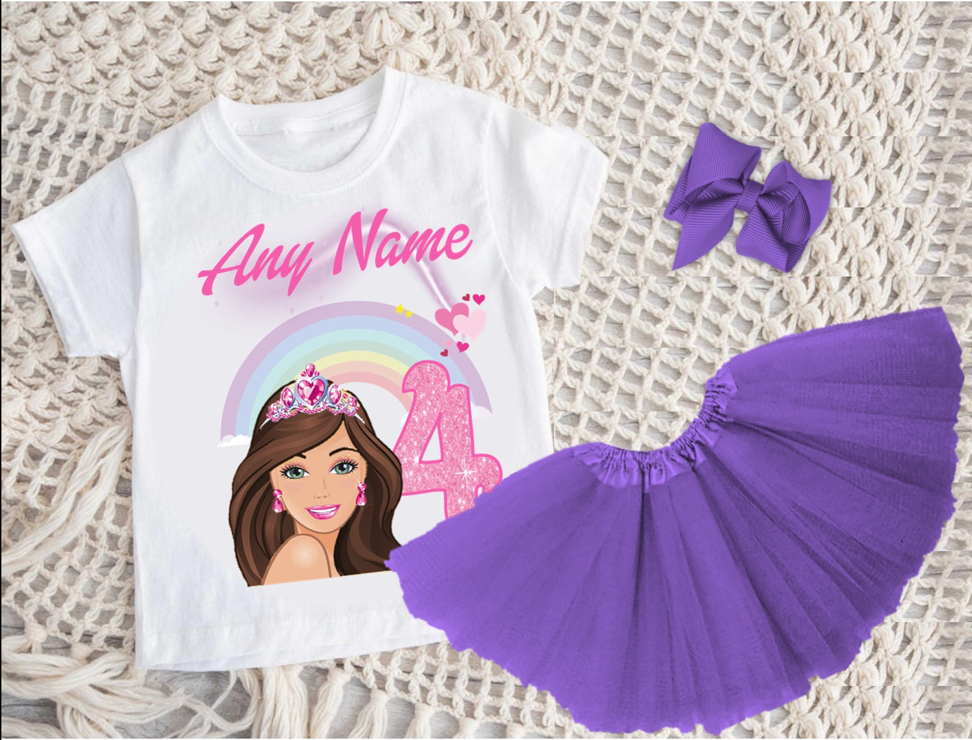 Barbie Face Brunette Girl Tutu Set Girls Personalized Custom Purple 3 Layer Tutu Outfit Dress Theme Cake Smash Birthday Party