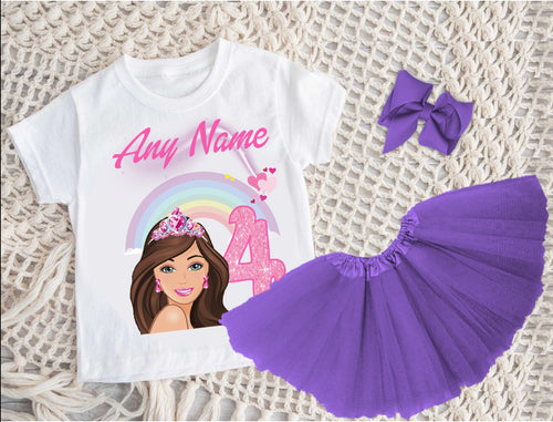 Barbie Face Brunette Girl Tutu Set Girls Personalized Custom Purple 3 Layer Tutu Outfit Dress Theme Cake Smash Birthday Party