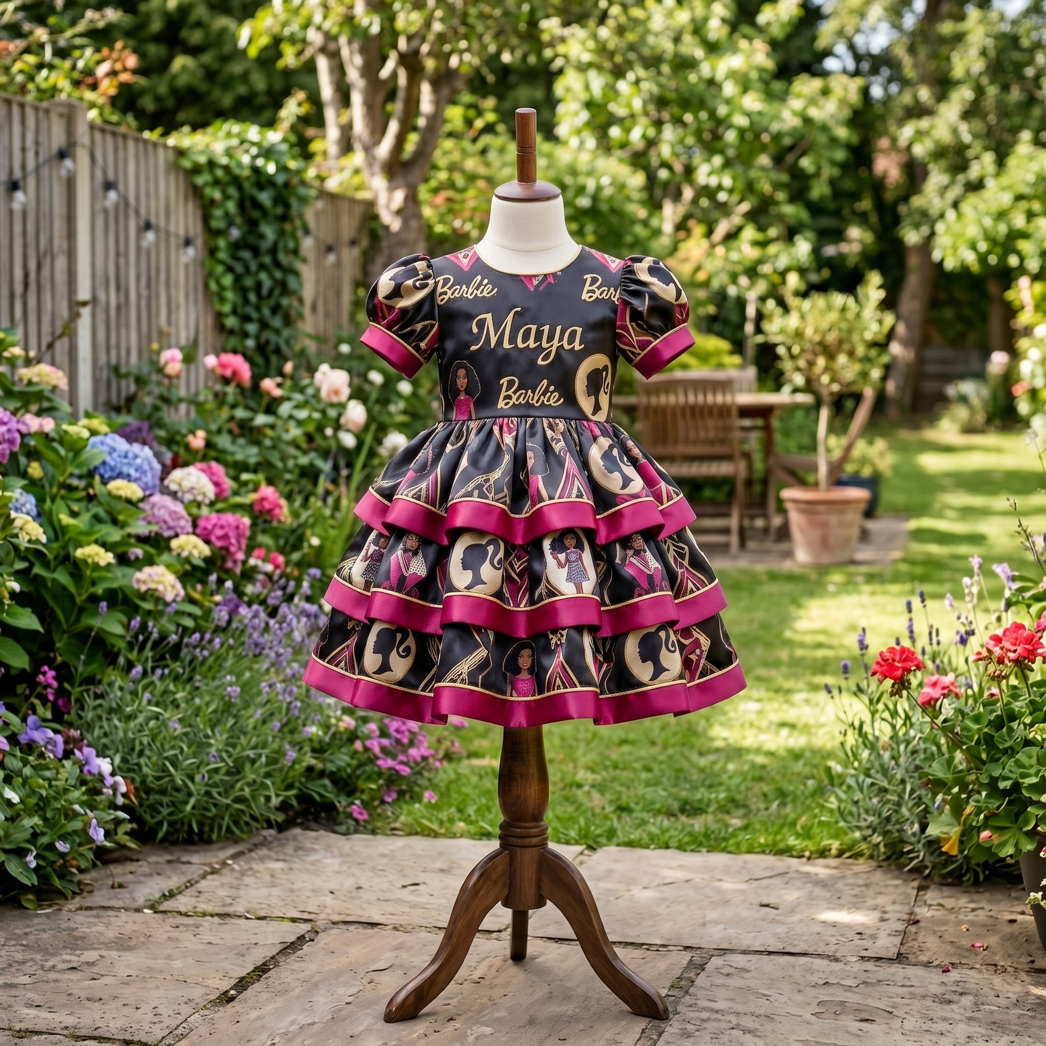 Black Barbie Girl Doll Girls Personalized Custom Tiered Ruffle Dress Ribbon Trim Theme Cake Smash Birthday Party