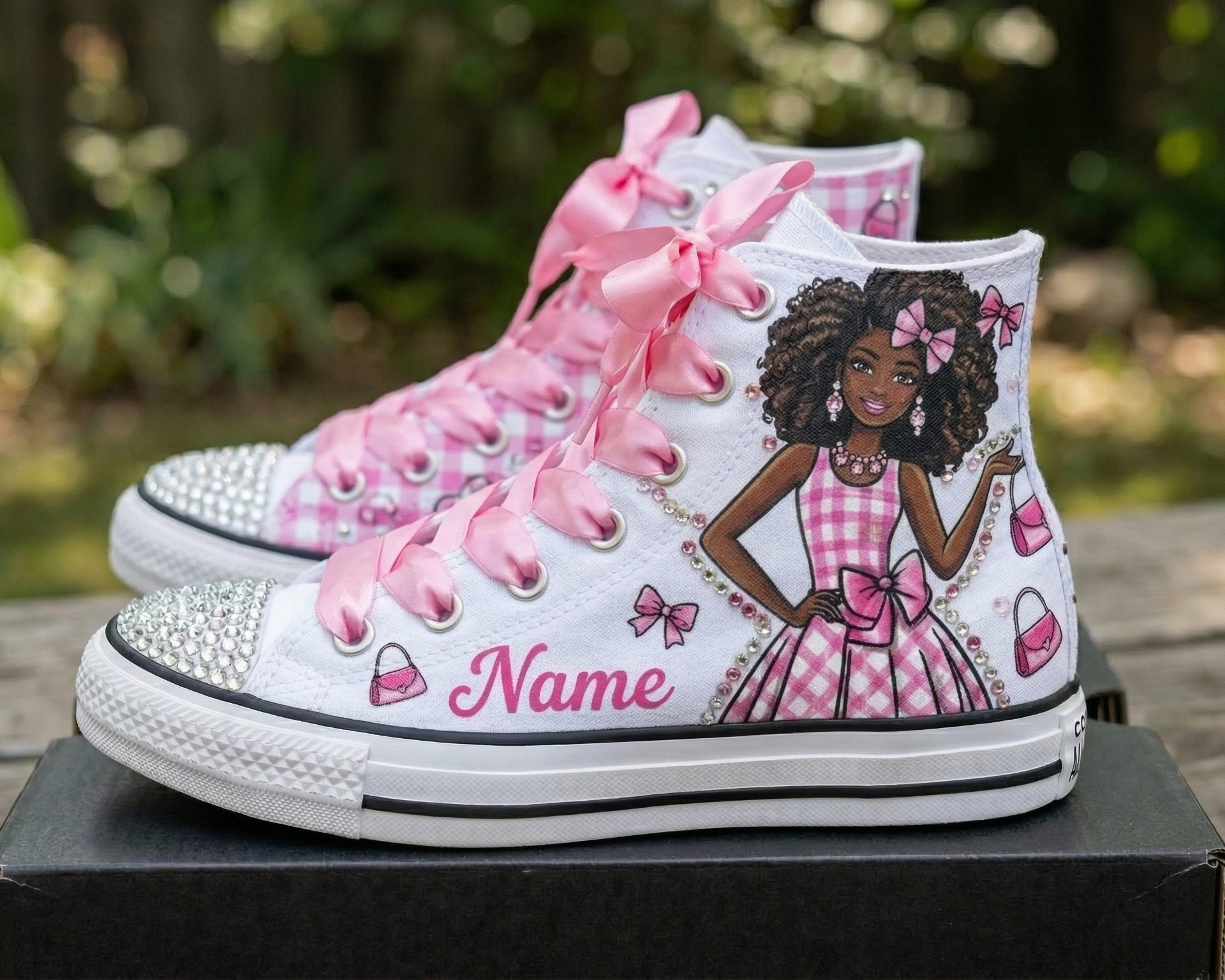 Custom Afro Black Barbie Girl Doll High-Top Sneakers Shoes Personalized with Name, Ribbon Laces & Rhinestones Birthday Parties Everyday Gift