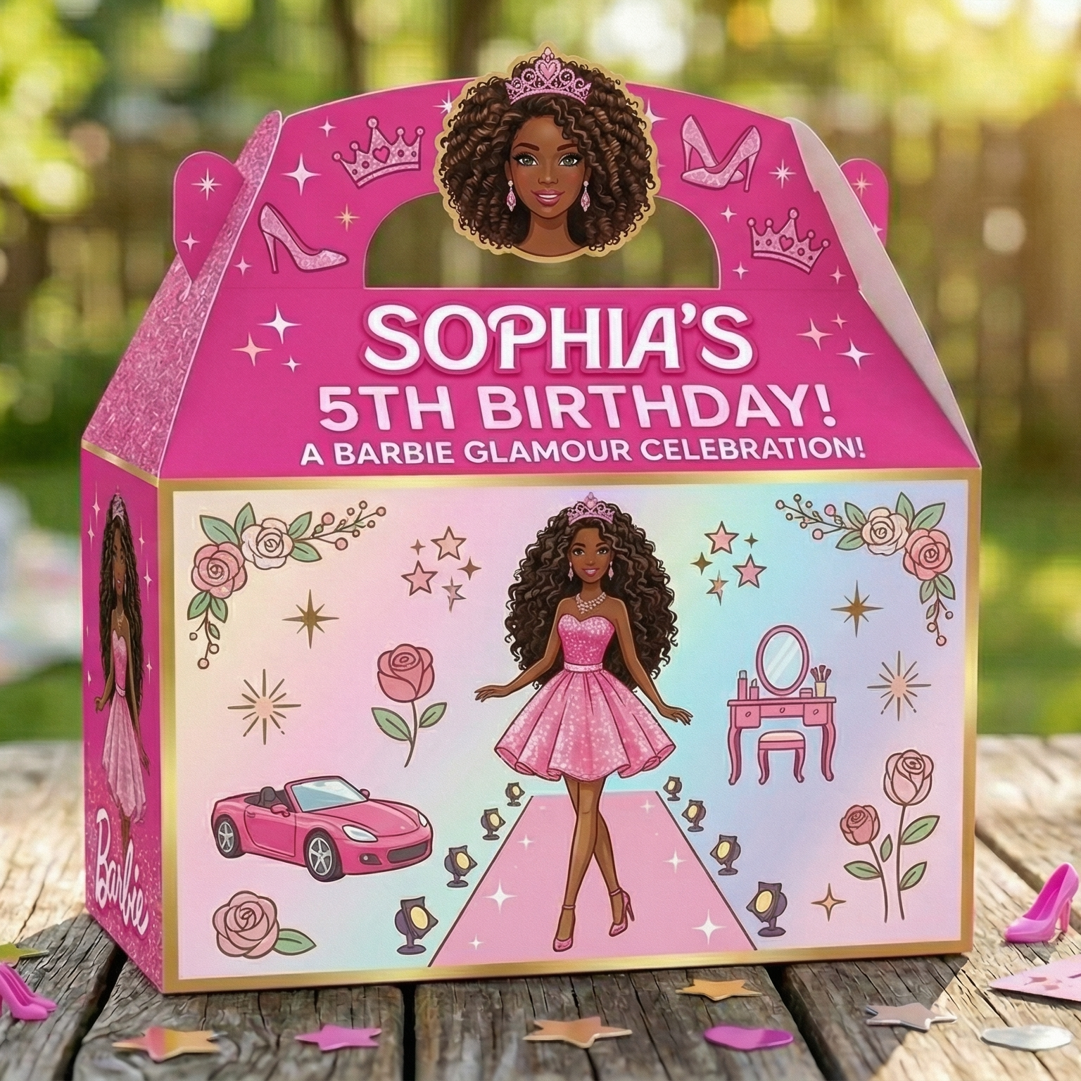 (Pack of 6) Black Barbie Girl Doll Custom Personalized Birthday Party Favor Gable Treat Boxes