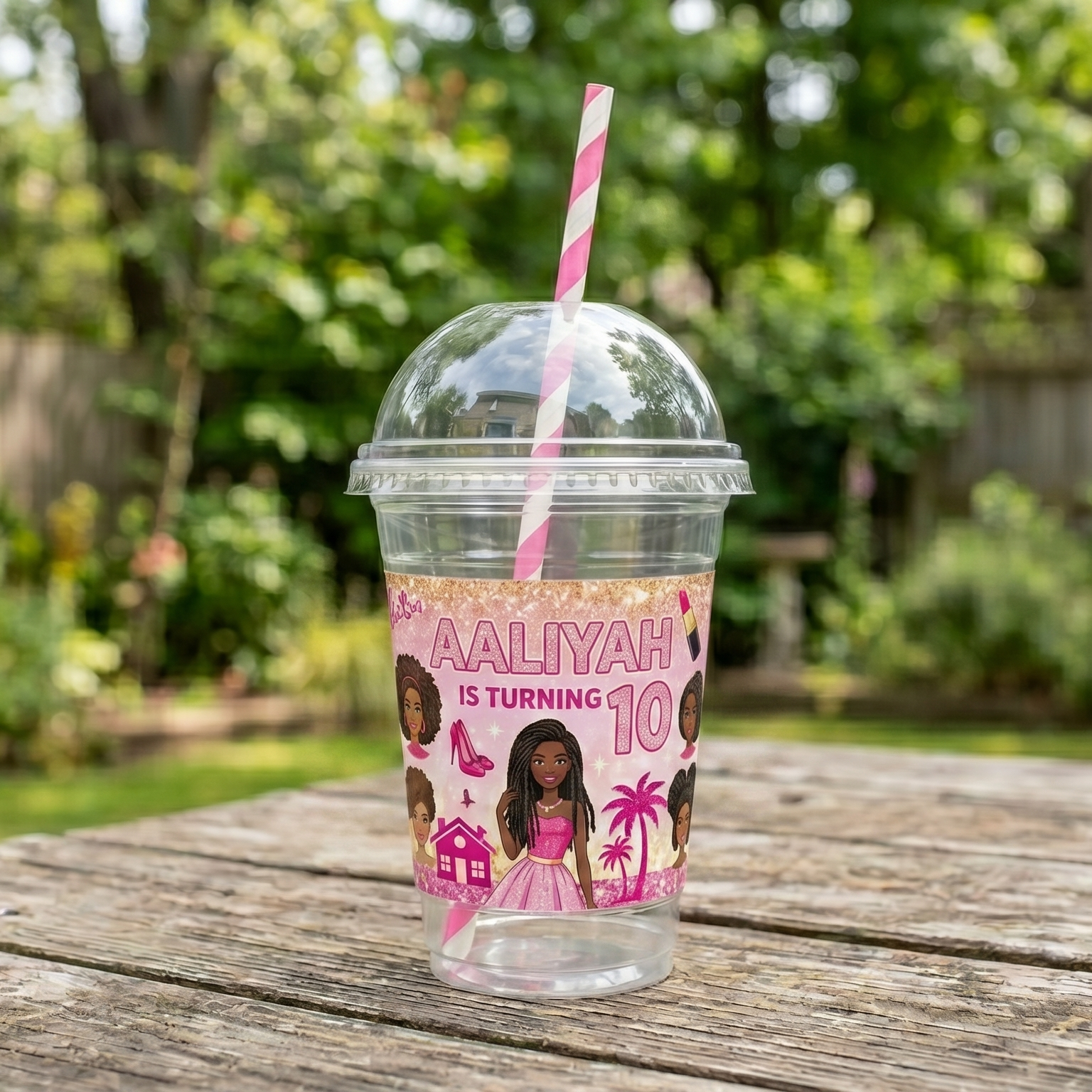 (Pack of 6) Black Barbie Girl Doll Custom Personalized Birthday Party 16 oz Cups with Dome Lids & Straws