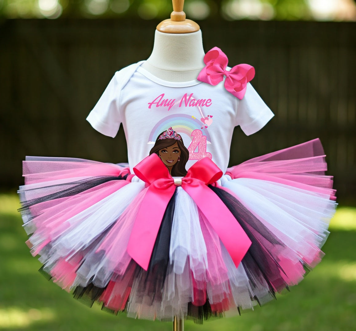 Barbie Face Black Girl Tutu Set Girls Personalized Custom Hot Pink White Black Tutu Outfit Dress Theme Cake Smash Birthday Party