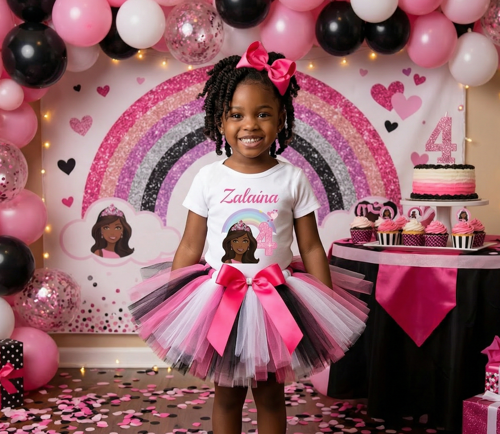 Barbie Face Black Girl Tutu Set Girls Personalized Custom Hot Pink White Black Tutu Outfit Dress Theme Cake Smash Birthday Party