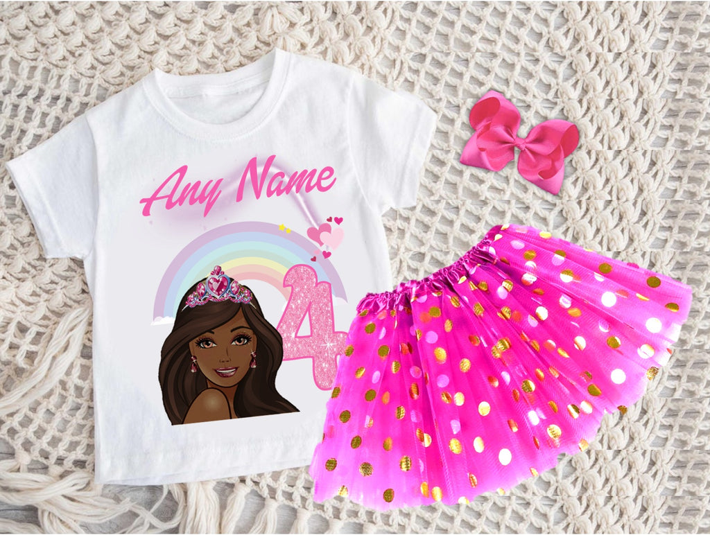 Barbie Face Black Girl Tutu Set Girls Personalized Custom Hot Pink Gold Polka Dots Tutu Outfit Dress Theme Cake Smash Birthday Party