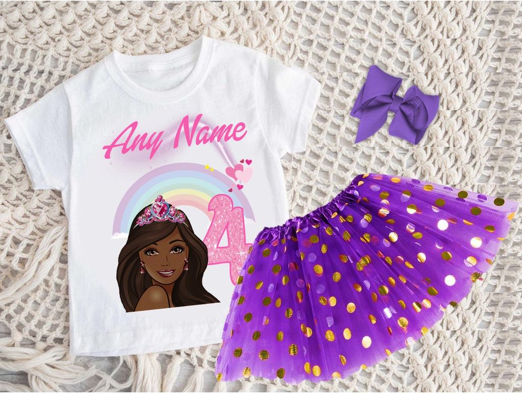 Barbie Face Black Girl Tutu Set Girls Personalized Custom Purple Gold Polka Dots Tutu Outfit Dress Theme Cake Smash Birthday Party