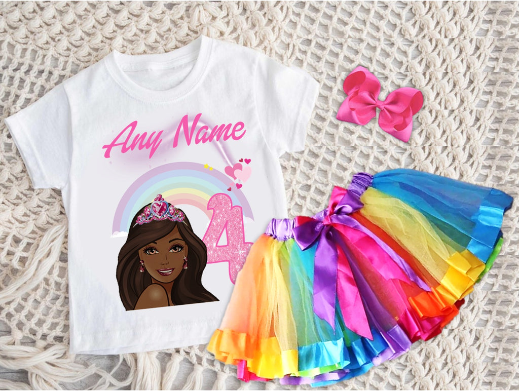 Barbie Face Black Girl Tutu Set Girls Personalized Custom Rainbow Ribbon Tutu Outfit Dress Theme Cake Smash Birthday Party