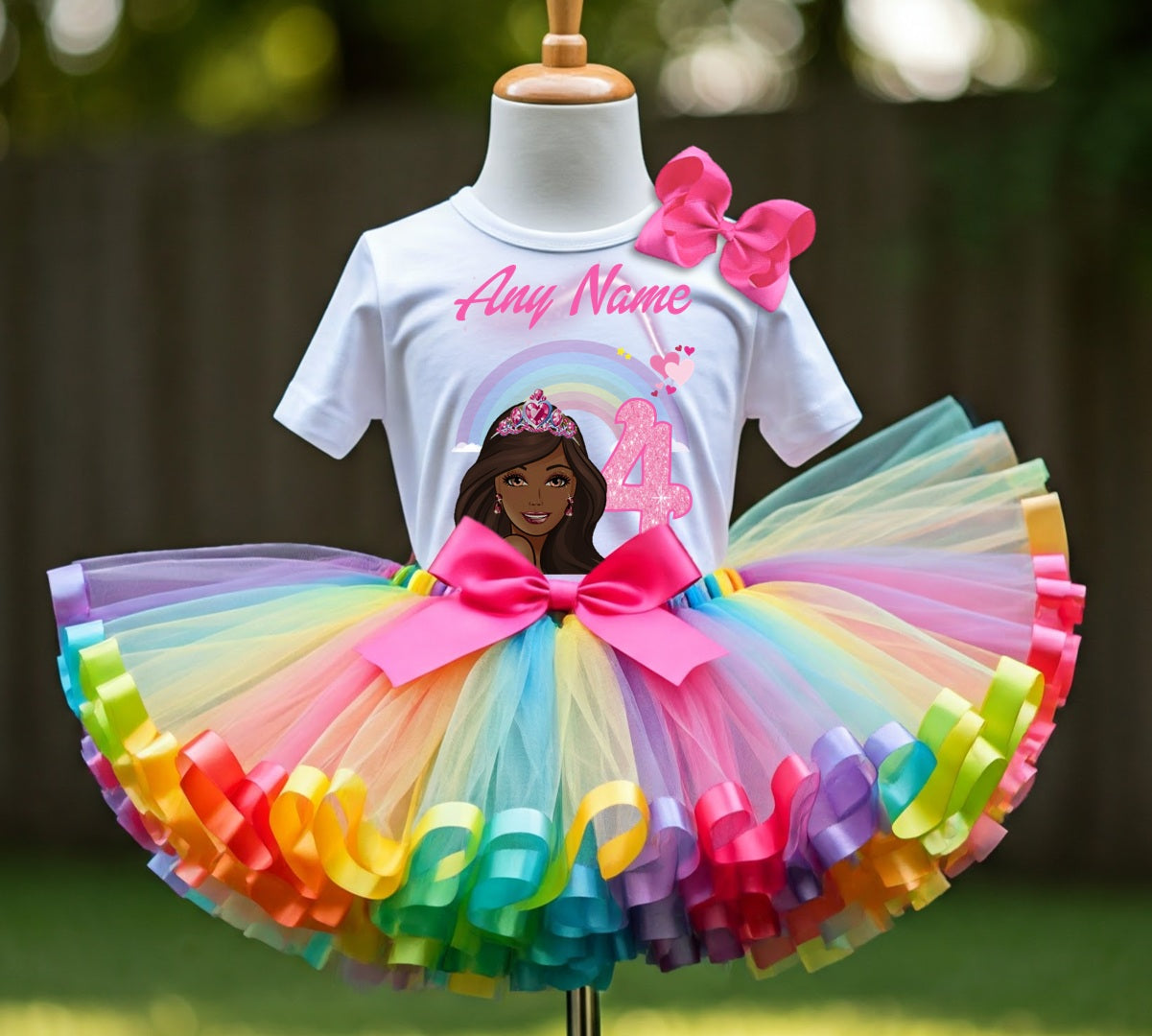 Barbie Face Black Girl Tutu Set Girls Personalized Custom Rainbow Ribbon Sewn Trim Tutu Outfit Dress Theme Cake Smash Birthday Party