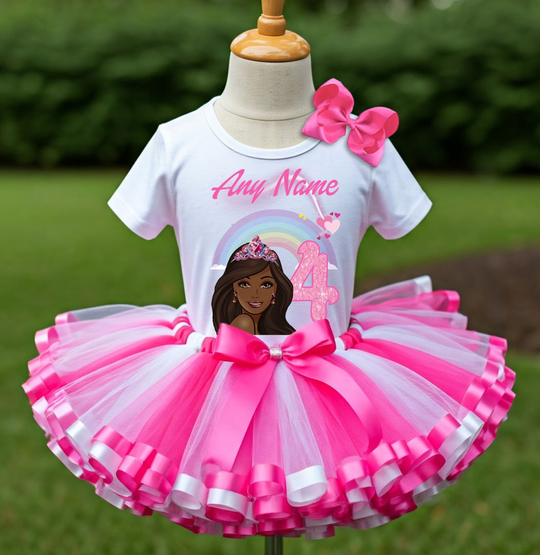 Barbie Face Black Girl Tutu Set Girls Personalized Custom Hot Pink White Pink Ribbon Sewn Trim Tutu Outfit Dress Theme Cake Smash Birthday Party