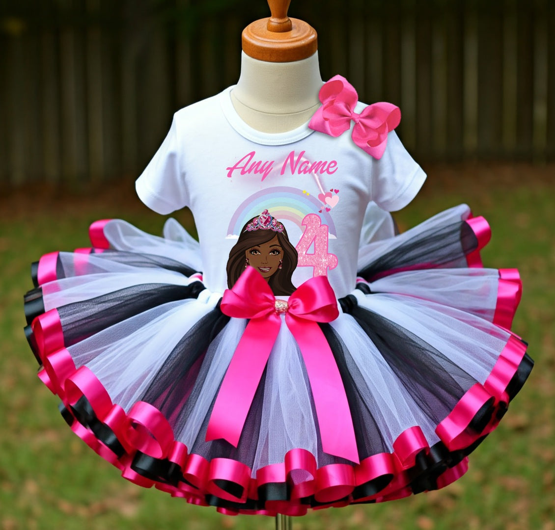 Barbie Face Black Girl Tutu Set Girls Personalized Custom Hot Pink White Black Ribbon Sewn Trim Tutu Outfit Dress Theme Cake Smash Birthday Party