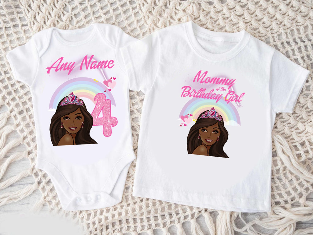 Barbie Face Black Girl Personalized Custom White Family T-Shirt or Onesie Pack Theme Cake Smash Birthday Party