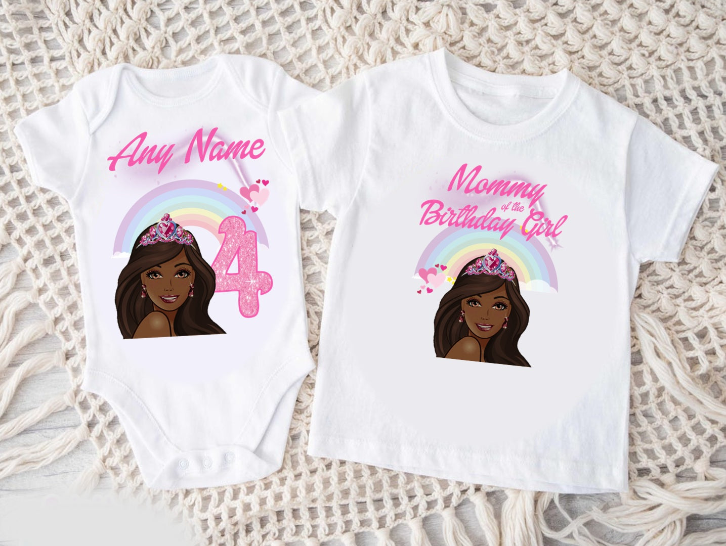 Barbie Face Black Girl Personalized Custom White Family T-Shirt or Onesie Pack Theme Cake Smash Birthday Party