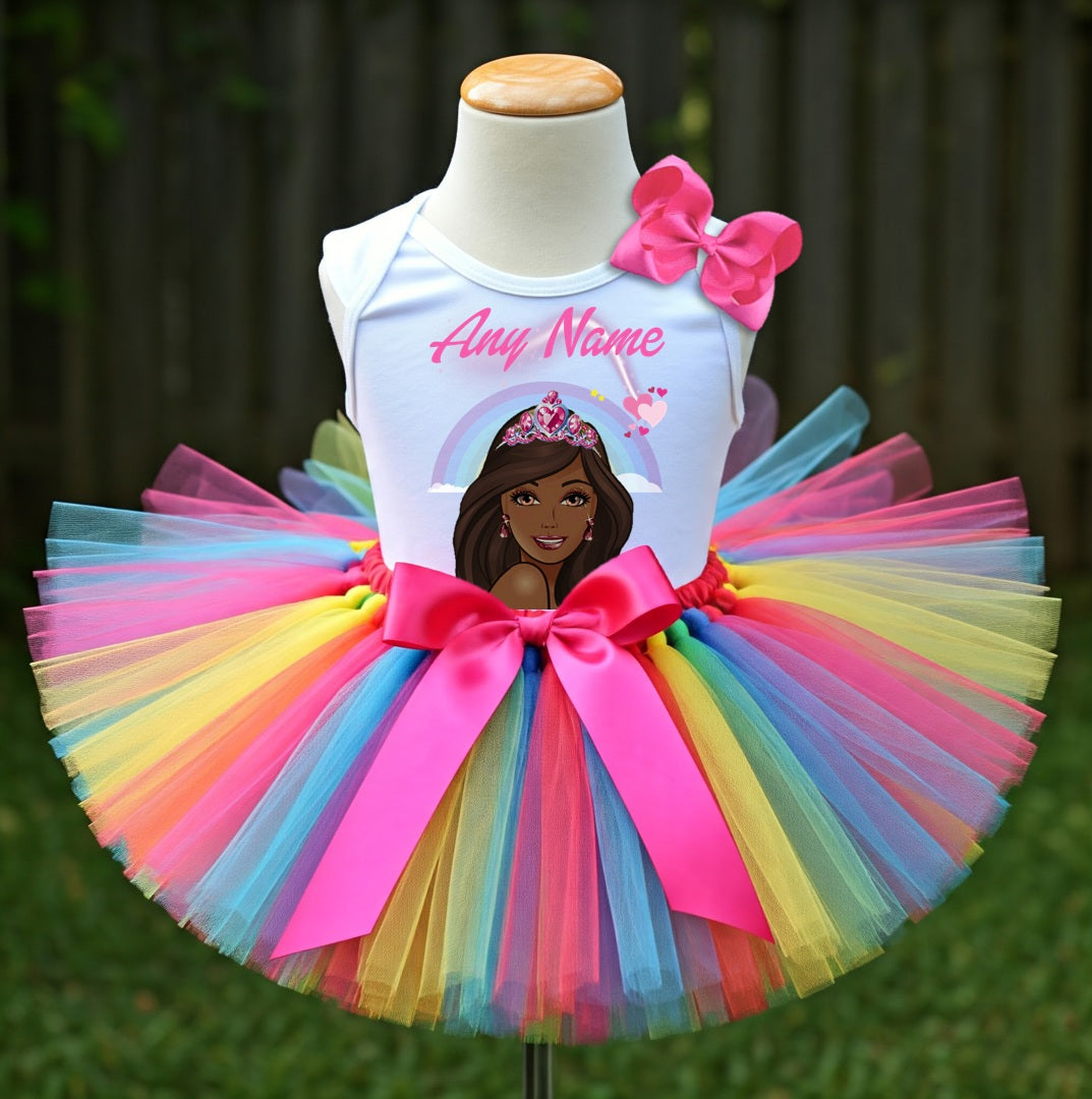 Barbie Face Black Girl Tutu Set Girls Personalized Custom Rainbow Tutu Outfit Dress Theme Cake Smash Party