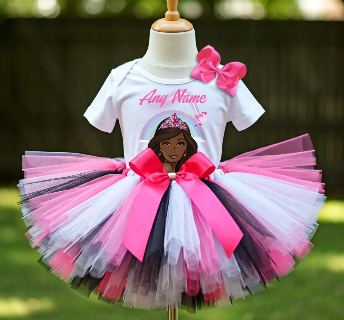 Barbie Face Black Girl Tutu Set Girls Personalized Custom Black White Pink Tutu Outfit Dress Theme Cake Smash Party
