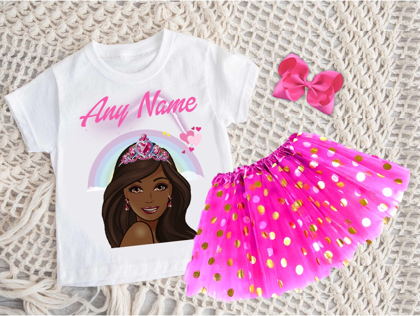 Barbie Face Black Girl Tutu Set Girls Personalized Custom Hot Pink Gold Polka Dots Tutu Outfit Dress Theme Cake Smash Party