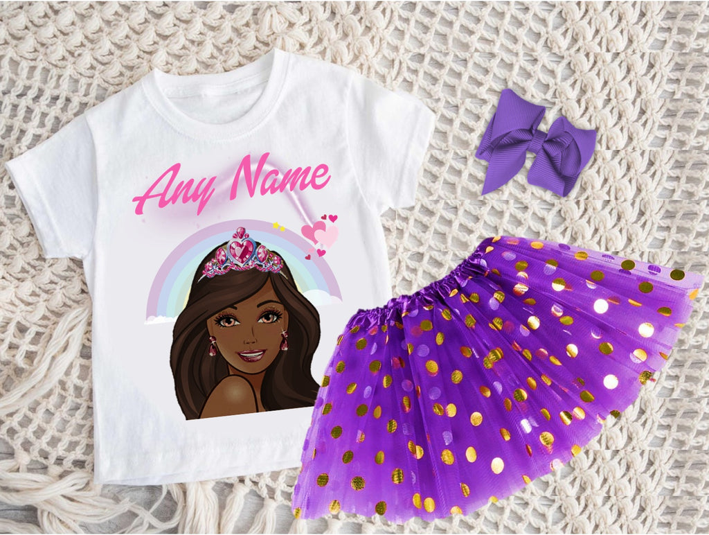 Barbie Face Black Girl Tutu Set Girls Personalized Custom Purple Gold Polka Dots Tutu Outfit Dress Theme Cake Smash Party