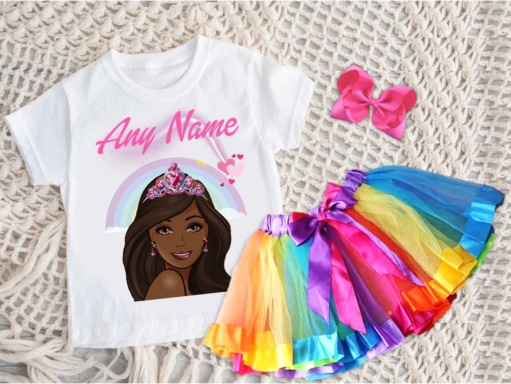 Barbie Face Black Girl Tutu Set Girls Personalized Custom Rainbow Ribbon Tutu Outfit Dress Theme Cake Smash Party
