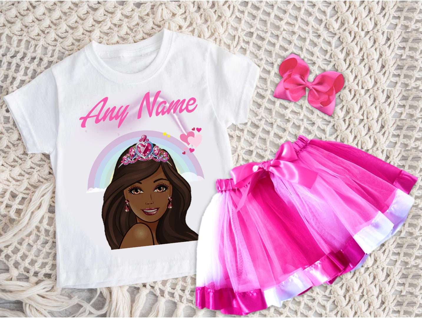 Barbie Face Black Girl Tutu Set Girls Personalized Custom Hot Pink White Pink Ribbon Tutu Outfit Dress Theme Cake Smash Party