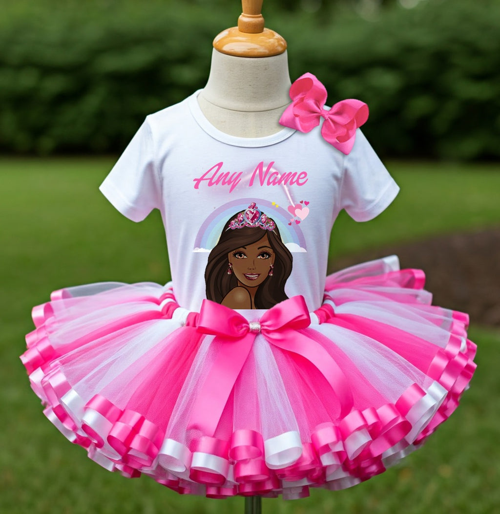 Barbie Face Black Girl Tutu Set Girls Personalized Custom Hot Pink White Pink Ribbon Sewn Trim Tutu Outfit Dress Theme Cake Smash Party